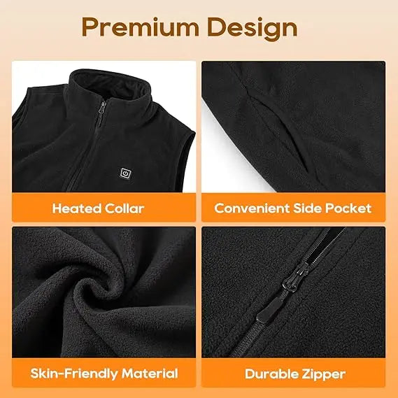 Sleeveless heated vest for skiing, camping, cycling, and winter sports