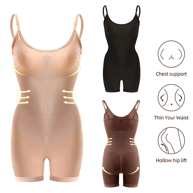 Beige full body slimming bodysuit with tummy control
