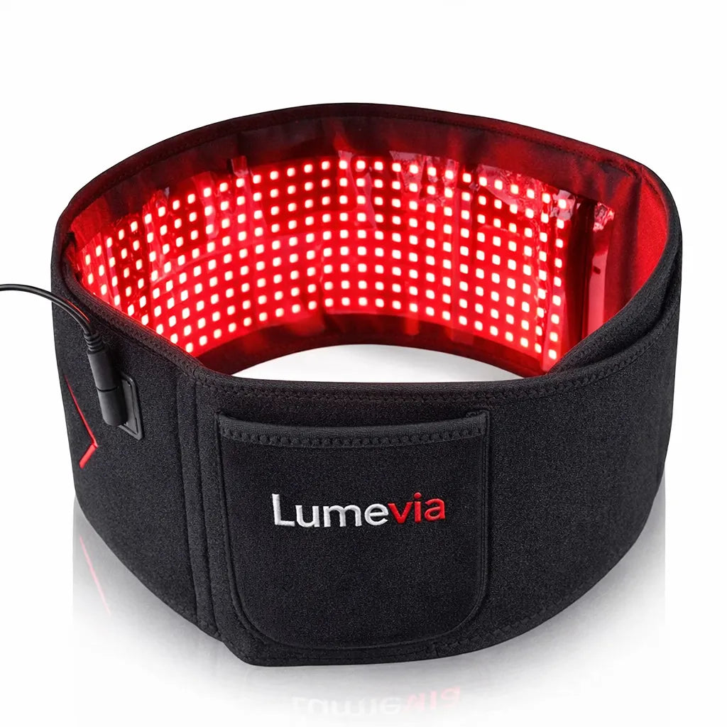 Black belt with red LED light panel and Lumevia branding on a white background
