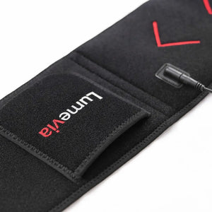 Black heating pad with Lumevia Life branding and a control device on a white background